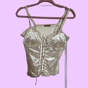 off-white lace up corset style top mixed with velvet & lace materials